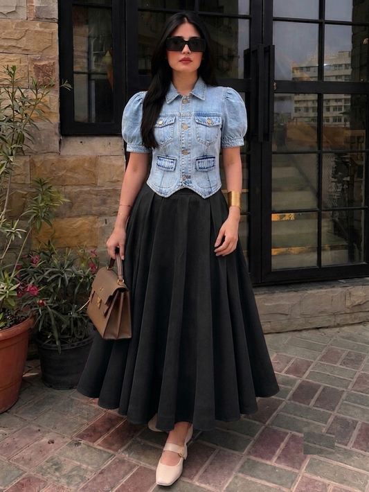 Akeera-Denim Look Utility Top  Flared Skirt Set