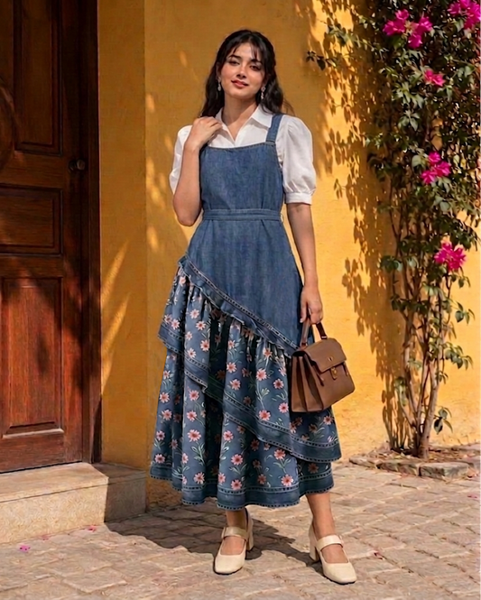 Kuhu-Floral Ruffle Pinafore Dress