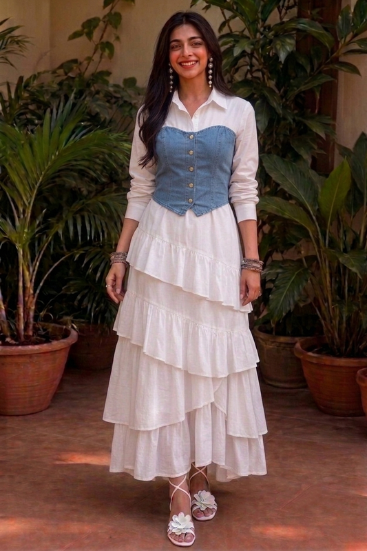 Naazli-Denim Look Cotton Tiered Western Dress Set