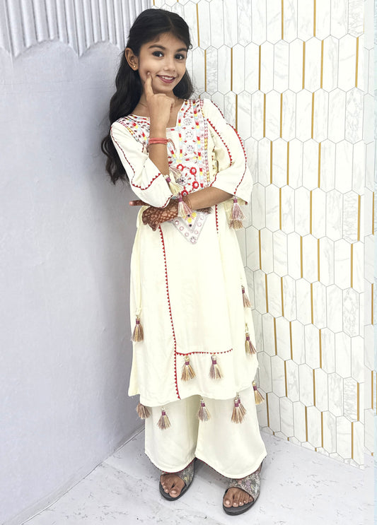 Morni-kids Traditional Cotton Mirror Embroidery Kurti Set