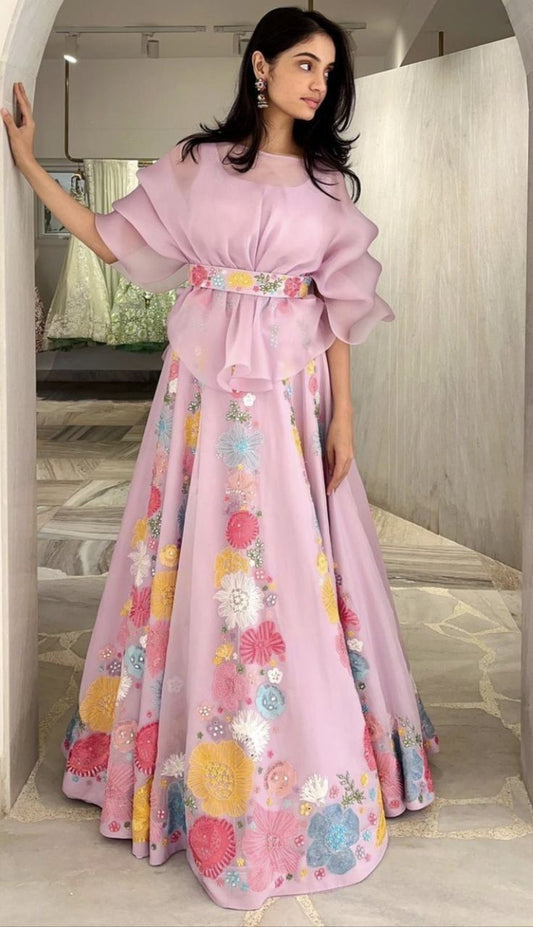 Sazada-Organza Pink Indo-Western Top & Lehenga Set