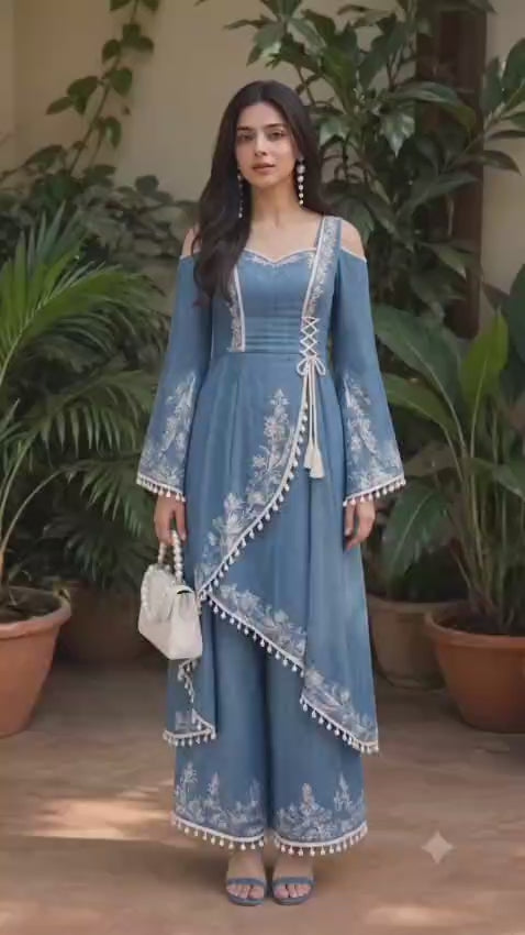SOOPHIA-Women's Embroidered Kurti with Palazzo Set