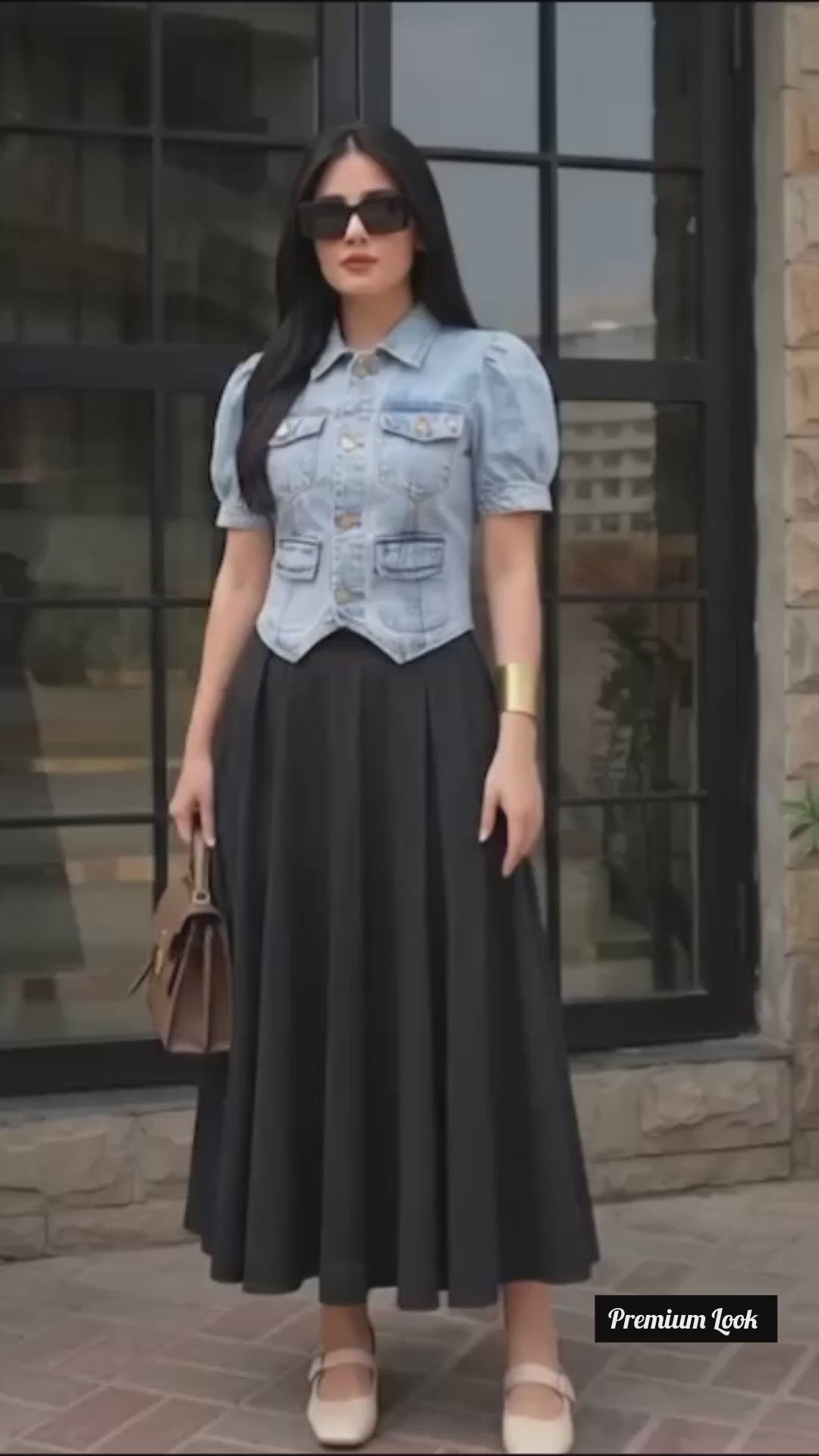 Akeera-Denim Look Utility Top  Flared Skirt Set